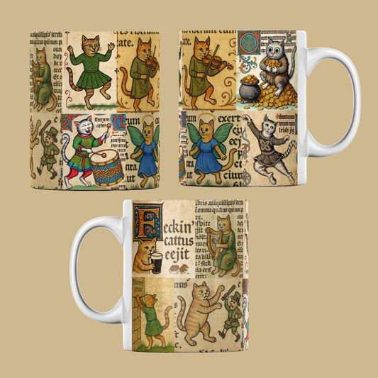 Funny St Patrick’s Day mug with quirky Irish cats in manuscript-style artwork.