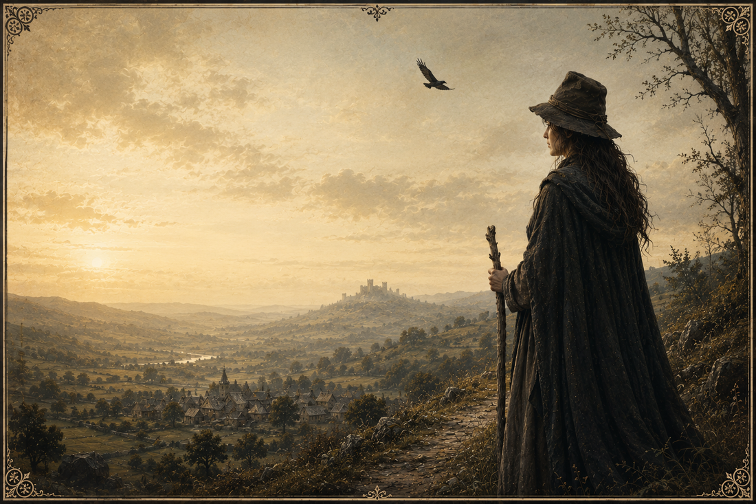moddy, atmospheric image of a village witch standing on a hill observing a far away village