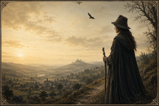 moddy, atmospheric image of a village witch standing on a hill observing a far away village