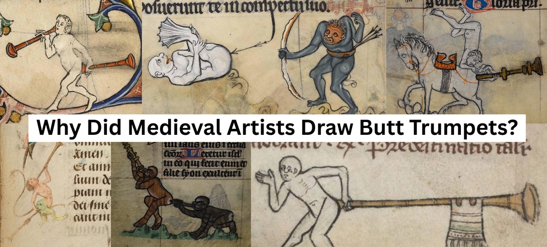 Medieval manuscript collage showing butt trumpet marginalia, rabbits and strange creatures