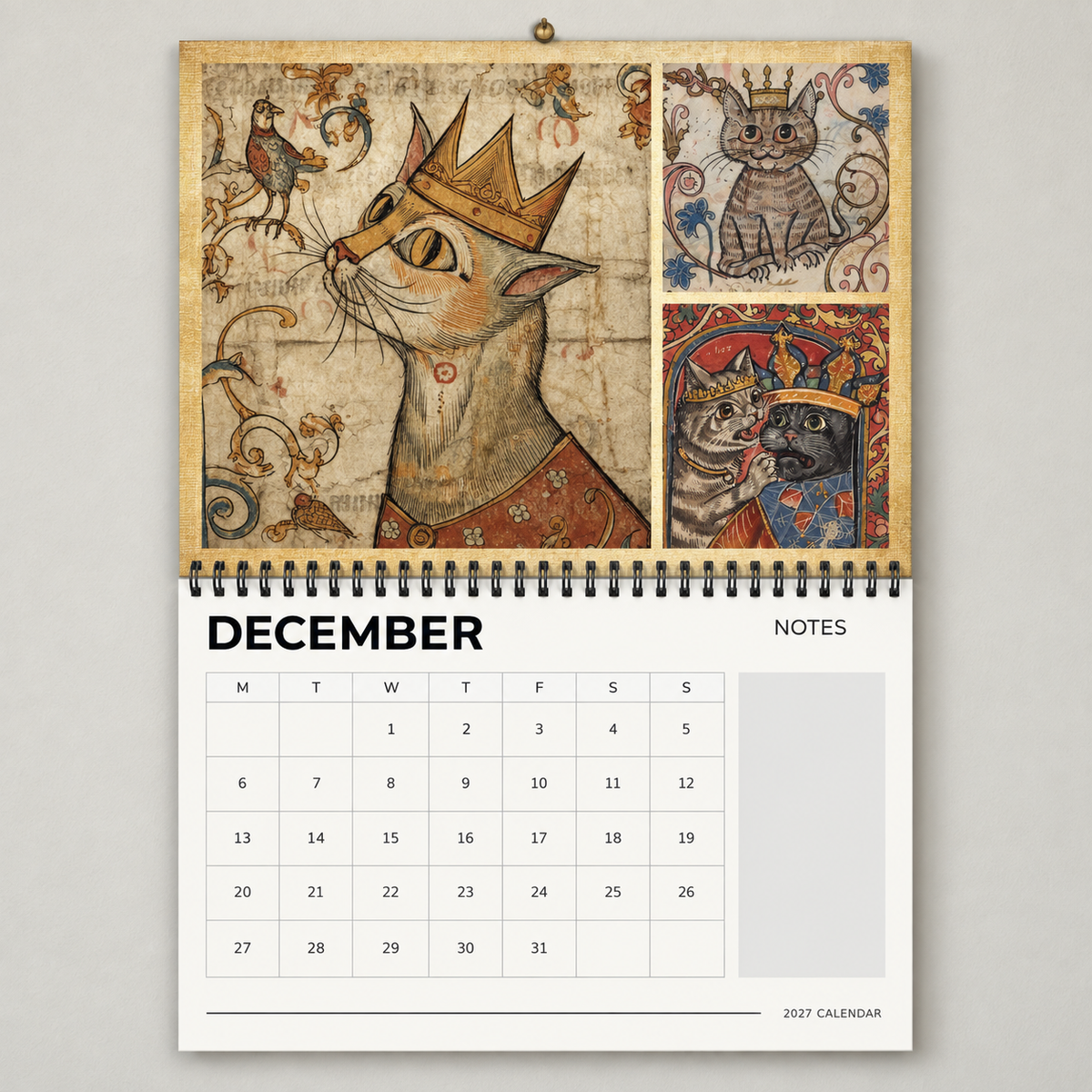 December 2027 Medieval Cats wall calendar page with crowned cat artwork and calendar grid