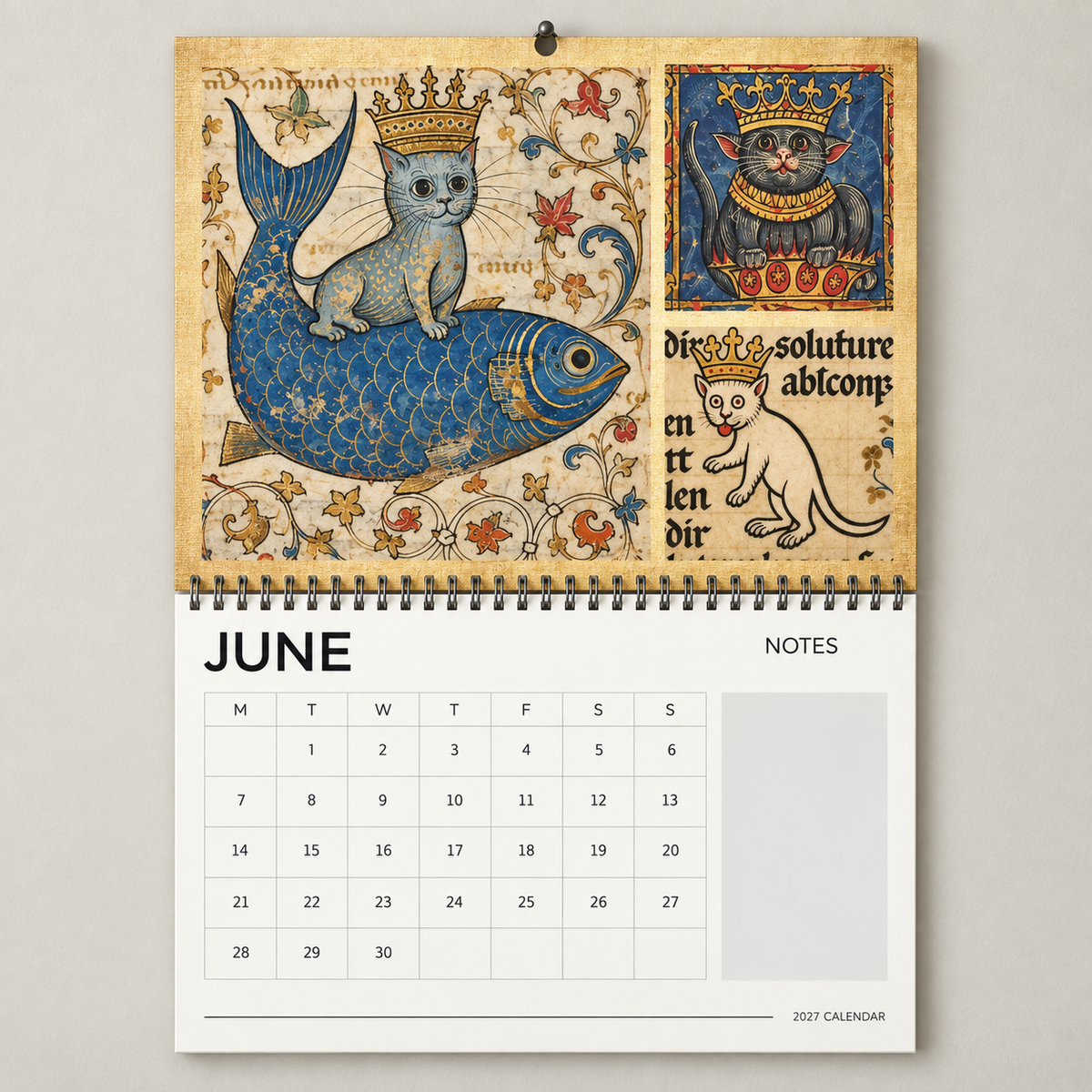 June 2027 Medieval Cats wall calendar page with crowned cat riding a blue medieval-style fish