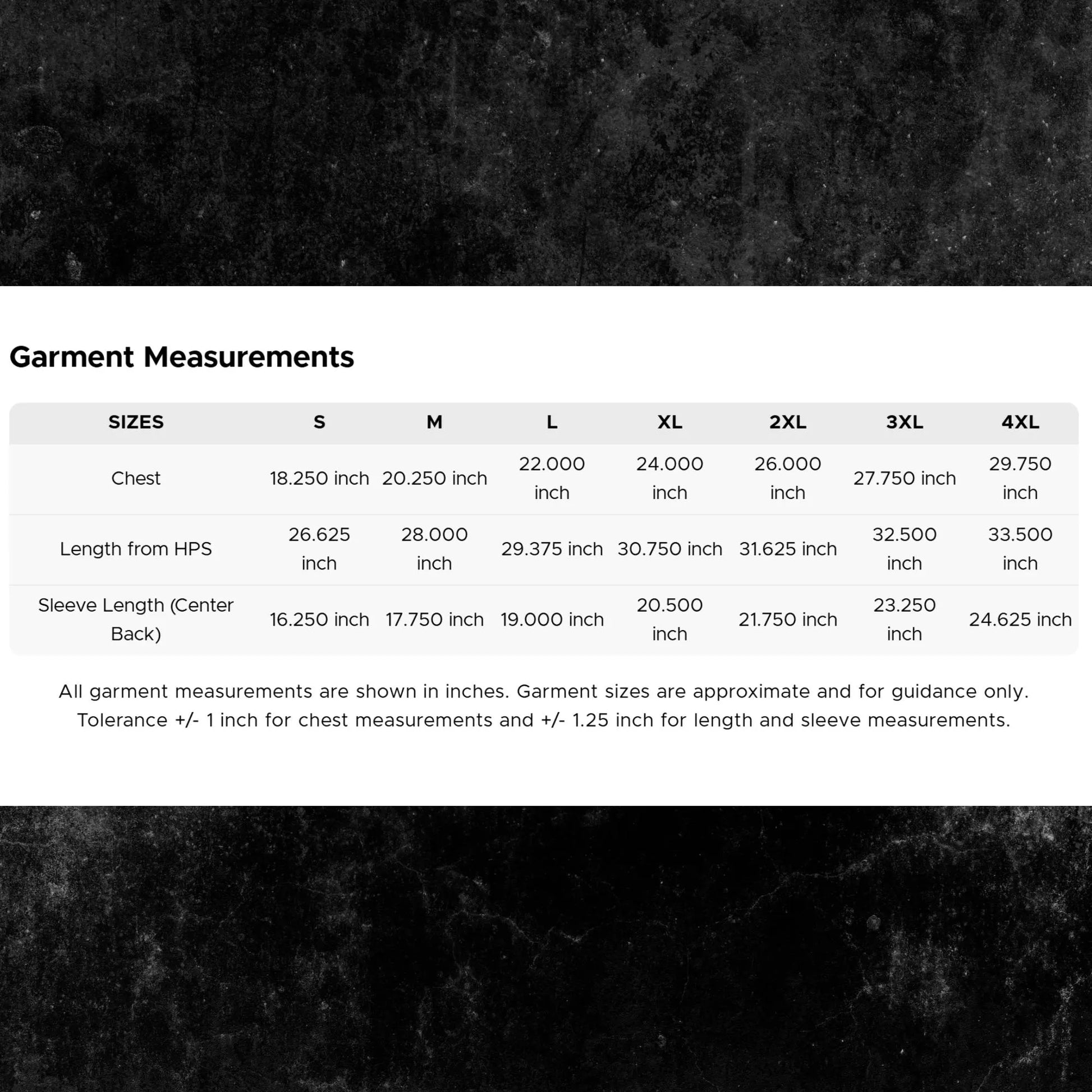 A garment measurements chart showing size information from S to 4XL with chest, length from HPS, and sleeve length measurements in inches on a white background with a dark textured border.