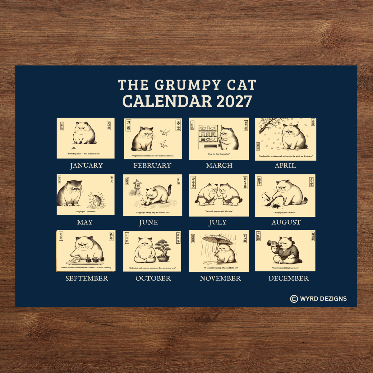 Ukiyo-e Grumpy Cat 2027 Calendar A4 | Funny Japanese Art Cat Lover Gift