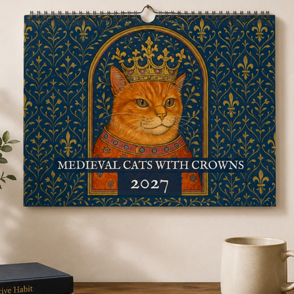 A spiral-bound 2027 calendar. The calendar cover features an illustration of a tabby cat wearing a gold crown and ornate medieval-style clothing 