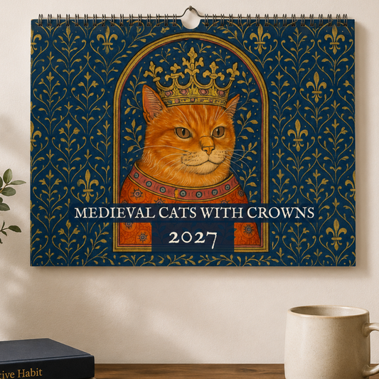 A spiral-bound 2027 calendar. The calendar cover features an illustration of a tabby cat wearing a gold crown and ornate medieval-style clothing 