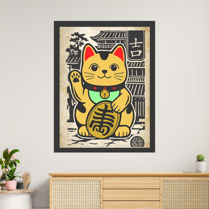 Framed Lucky Cat Print showcasing a traditional Maneki-neko design in a Japandi style wall art.
