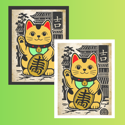 Framed Lucky Cat Print: Japandi Japanese Good Fortune Wall Art
