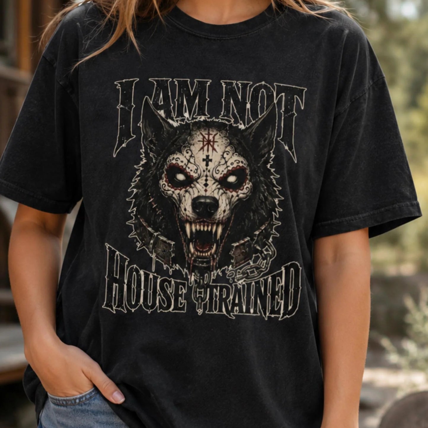 I Am Not House Trained Gothic Wolf T-Shirt, Dark Fantasy Werewolf Graphic Tee