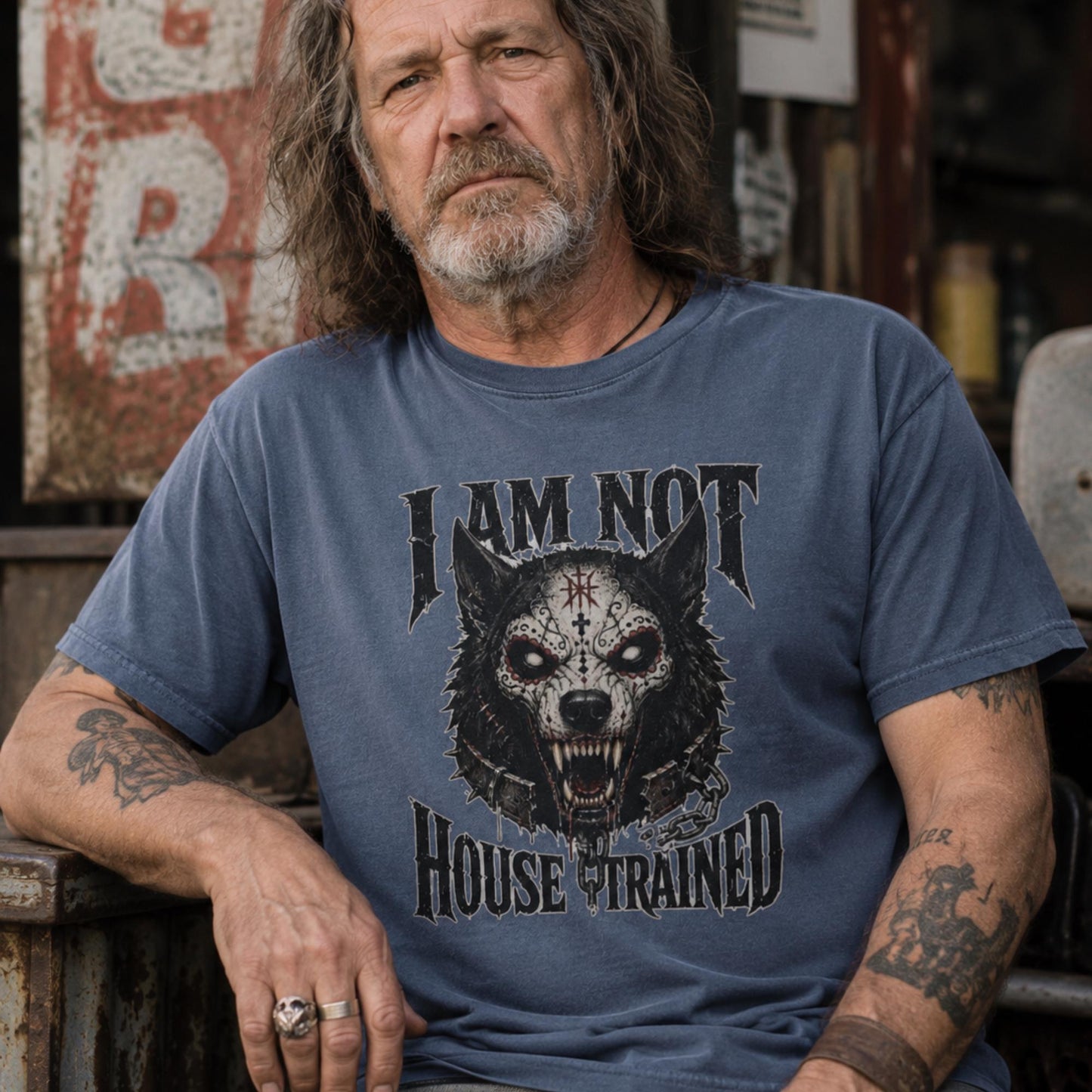 A man with long hair and tattoos wearing a slate blue graphic t-shirt with a skull-faced wolf design and the text 'I AM NOT HOUSE TRAINED'.