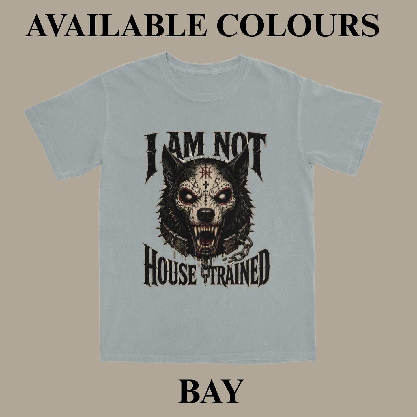 A light blue-gray graphic t-shirt displayed on a solid taupe background, featuring a black and white wolf skull design with the text 'I AM NOT HOUSE TRAINED'. The image includes text overlays at the top and bottom reading 'AVAILABLE COLOURS' and 'BAY'.