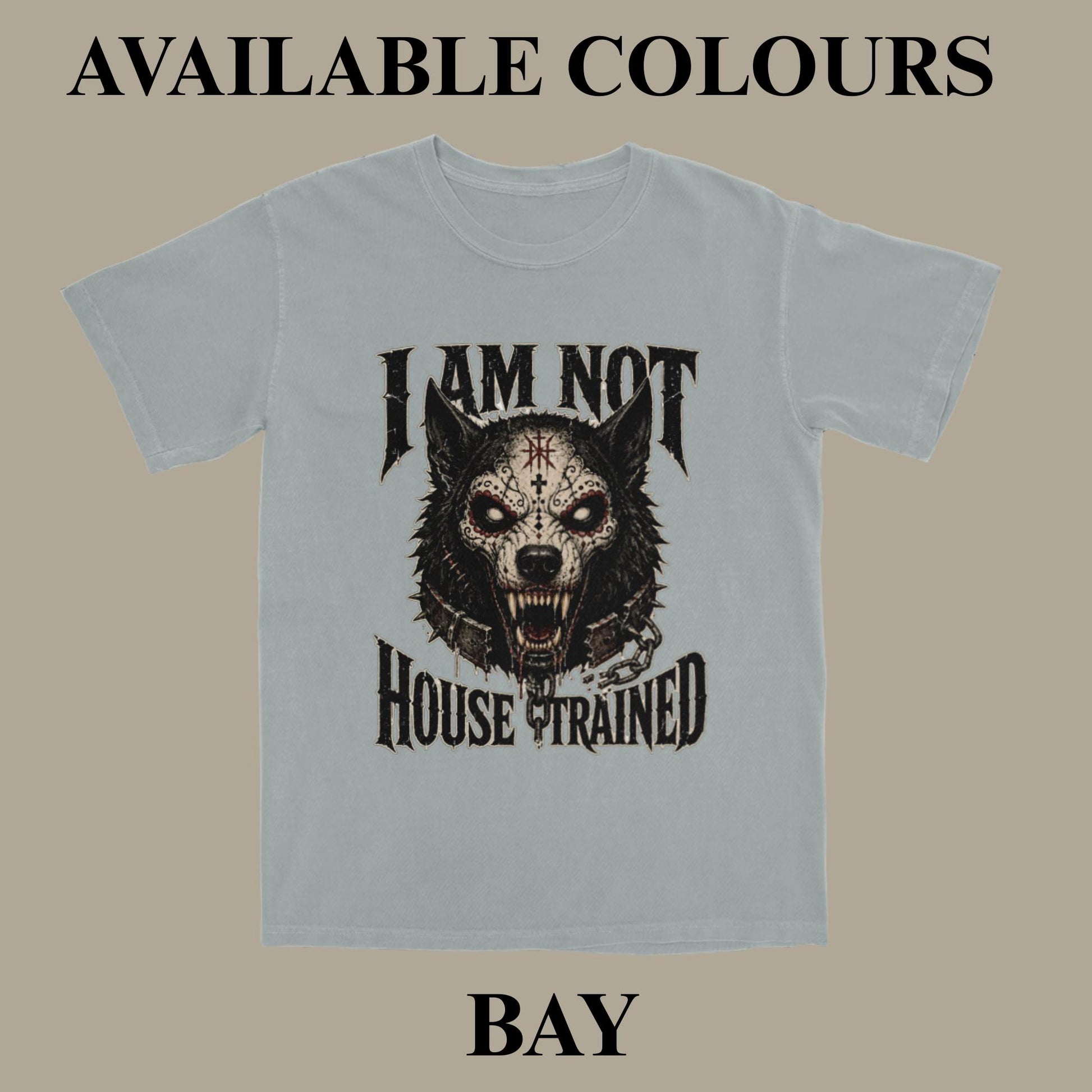 A light blue-gray graphic t-shirt displayed on a solid taupe background, featuring a black and white wolf skull design with the text 'I AM NOT HOUSE TRAINED'. The image includes text overlays at the top and bottom reading 'AVAILABLE COLOURS' and 'BAY'.