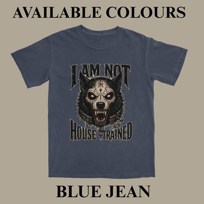 A blue-gray graphic t-shirt displayed against a solid taupe background with text overlays reading 'AVAILABLE COLOURS' at the top and 'BLUE JEAN' at the bottom. The t-shirt features a graphic of a snarling wolf with a cross on its forehead and the text 'I AM NOT HOUSE TRAINED'.