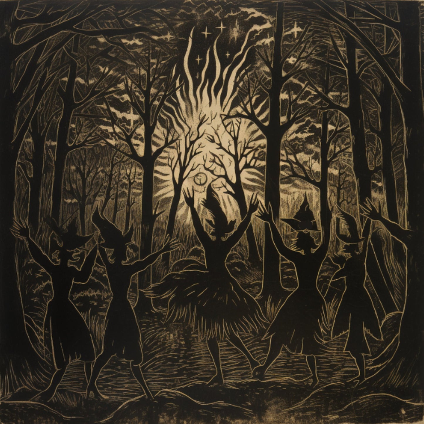 Intricate, hand-drawn coasters depicting eerie scenes of witches in a woodland setting