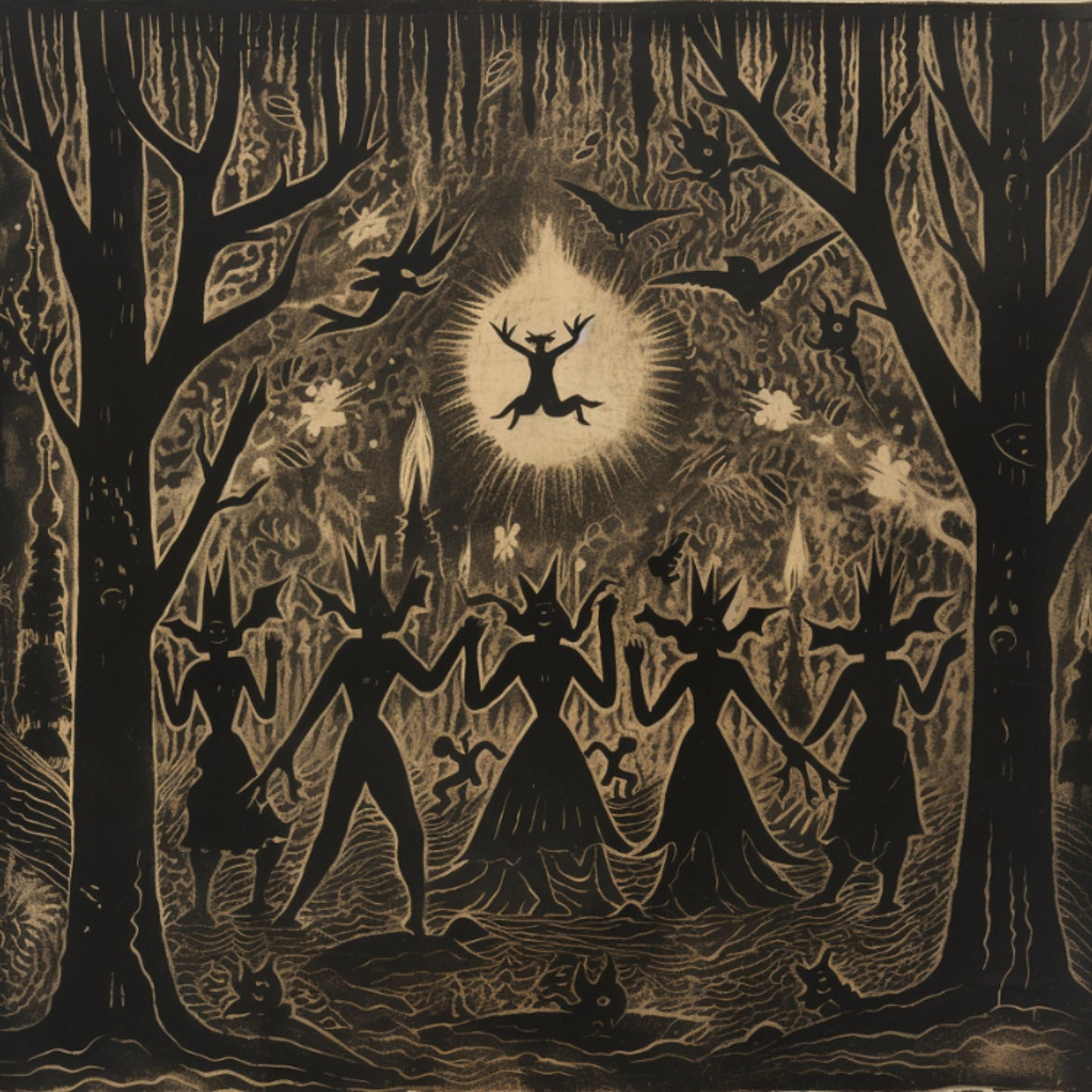 A collection of 4 coasters with black and gold designs of witches in a shadowy forest, evoking a sense of mystery.