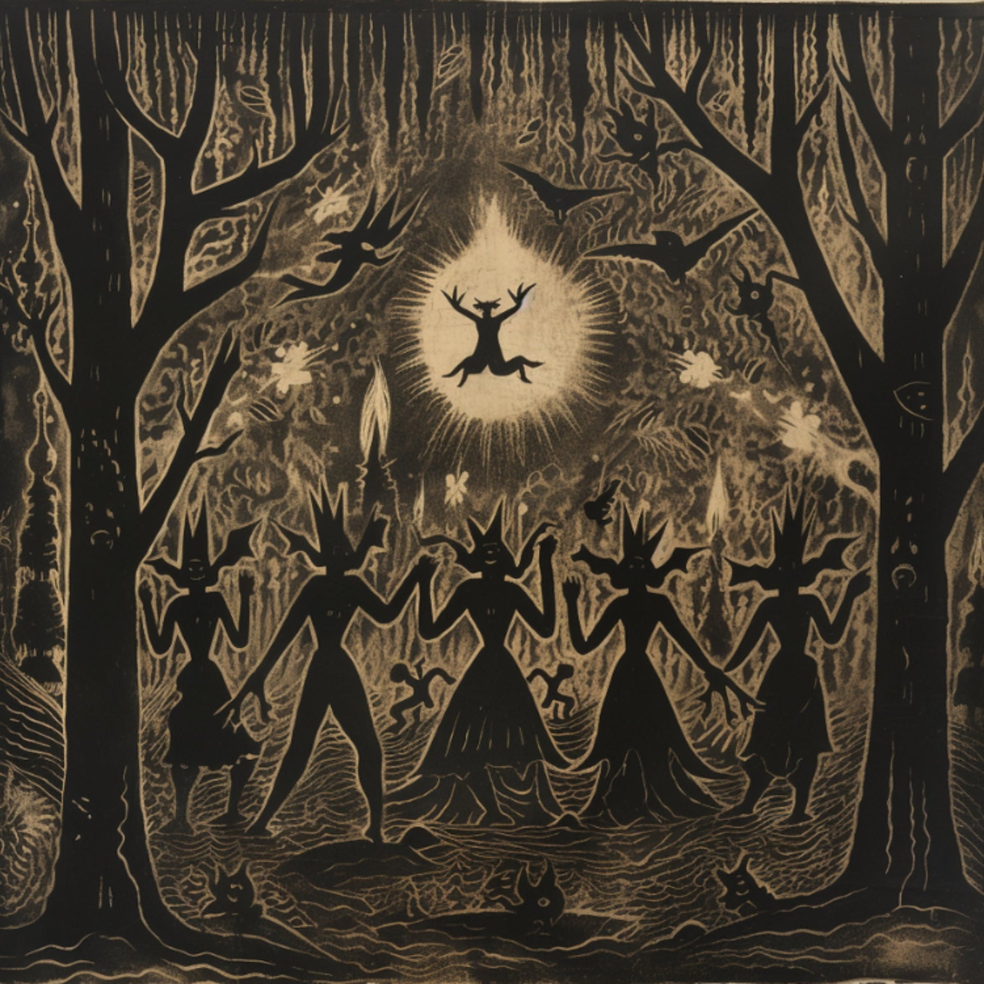 A collection of 4 coasters with black and gold designs of witches in a shadowy forest, evoking a sense of mystery.