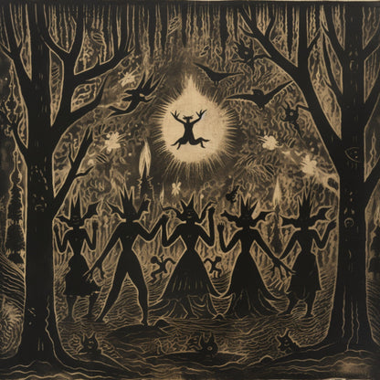 A collection of 4 coasters with black and gold designs of witches in a shadowy forest, evoking a sense of mystery.