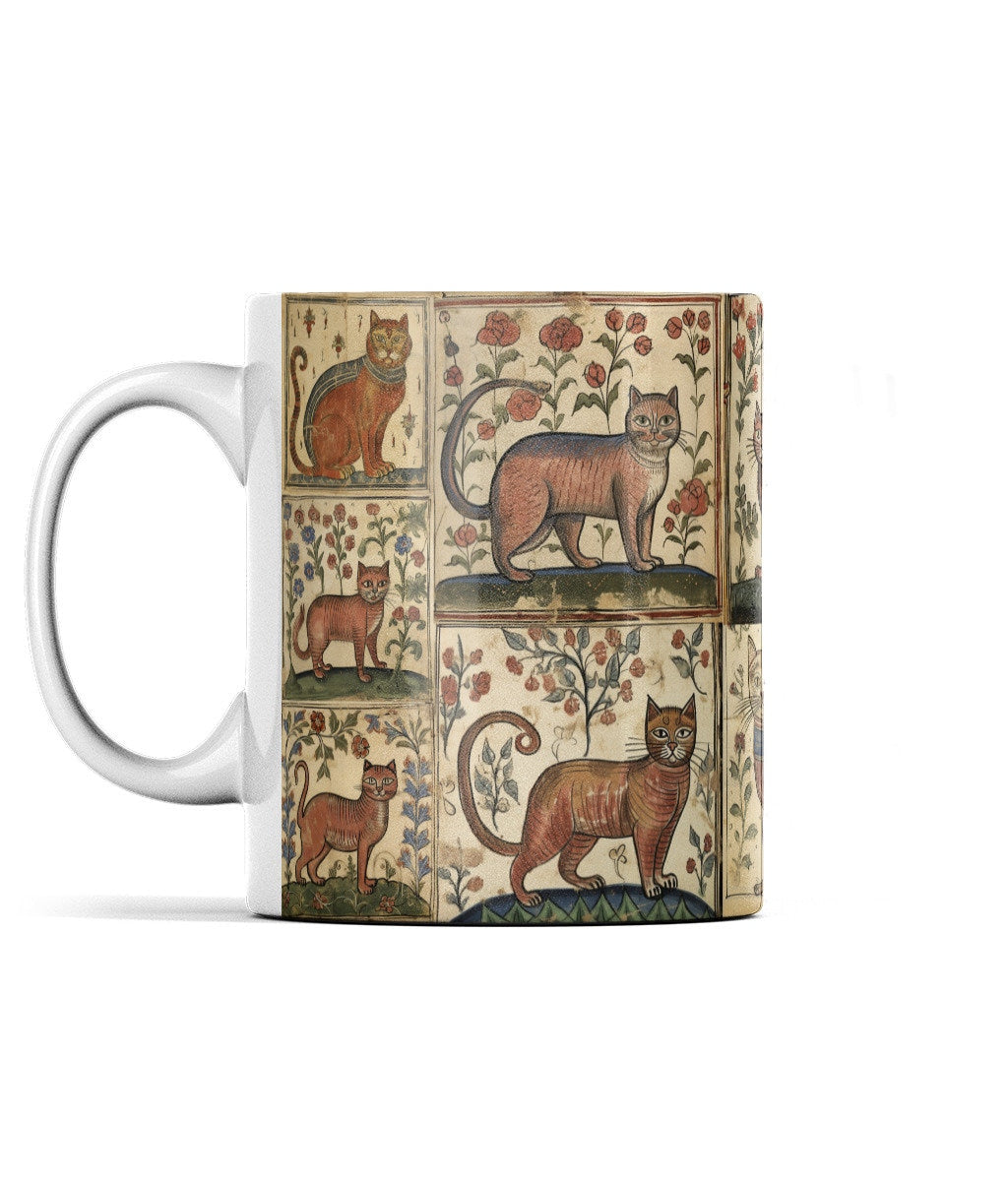 Historical cat lover mug, quirky medieval cat design, funny cat-themed gift, whimsical manuscript mug, cat lover birthday idea
