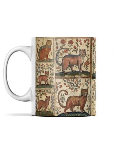 Historical cat lover mug, quirky medieval cat design, funny cat-themed gift, whimsical manuscript mug, cat lover birthday idea