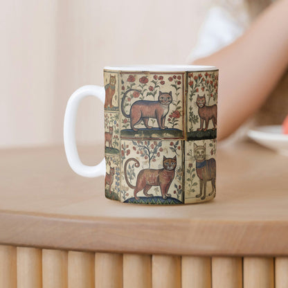 Cat lover coffee mug, medieval illustration mug, cat-themed birthday gift, quirky cat present, whimsical cat art, dark academia mug