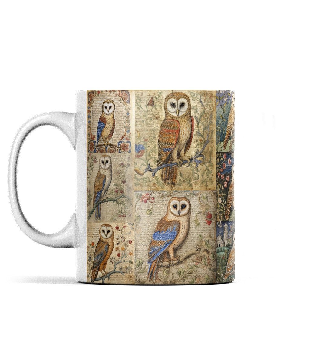 Medieval Owl Mug: Manuscript Art, Owl Lover Gift