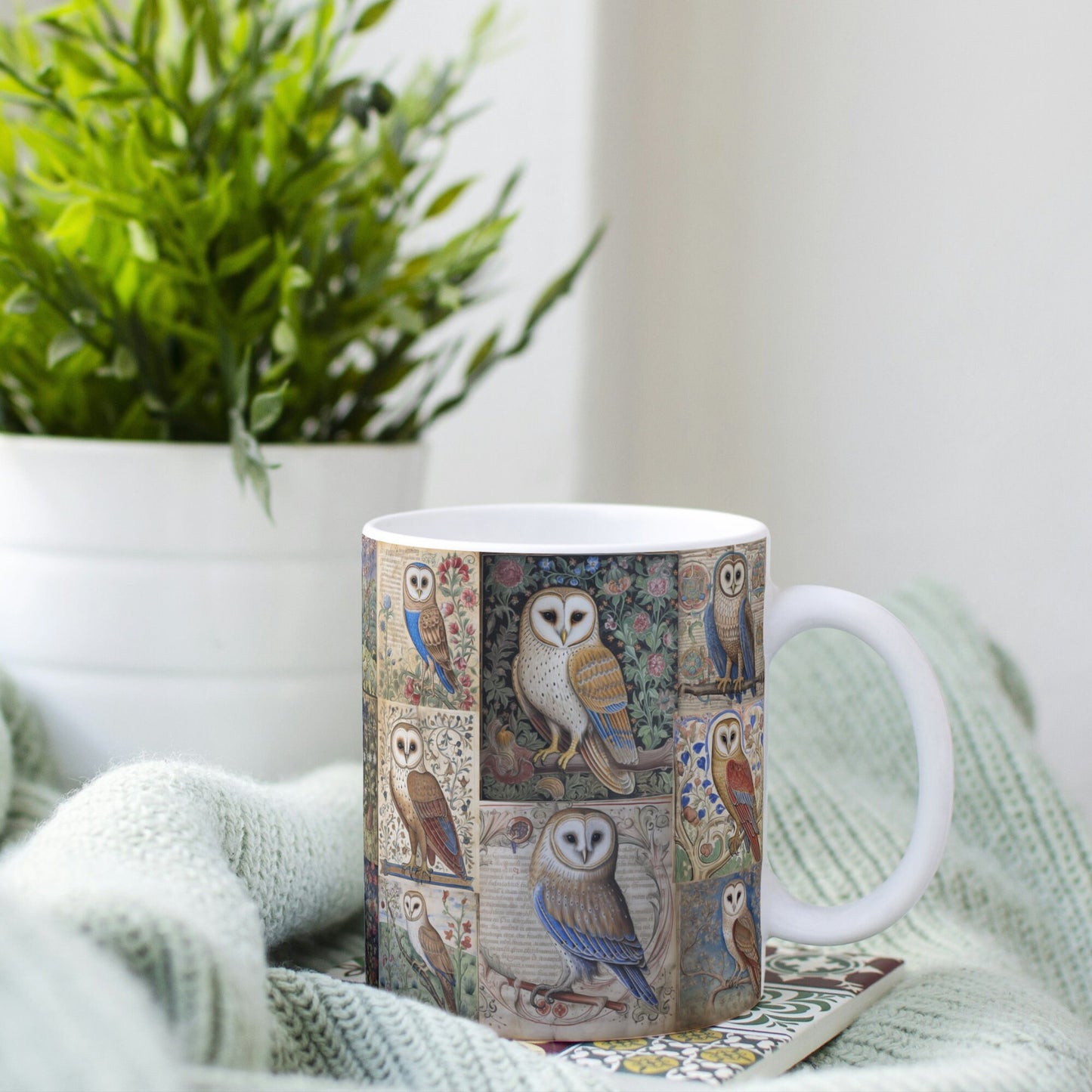 Medieval Owl Mug: Manuscript Art, Owl Lover Gift