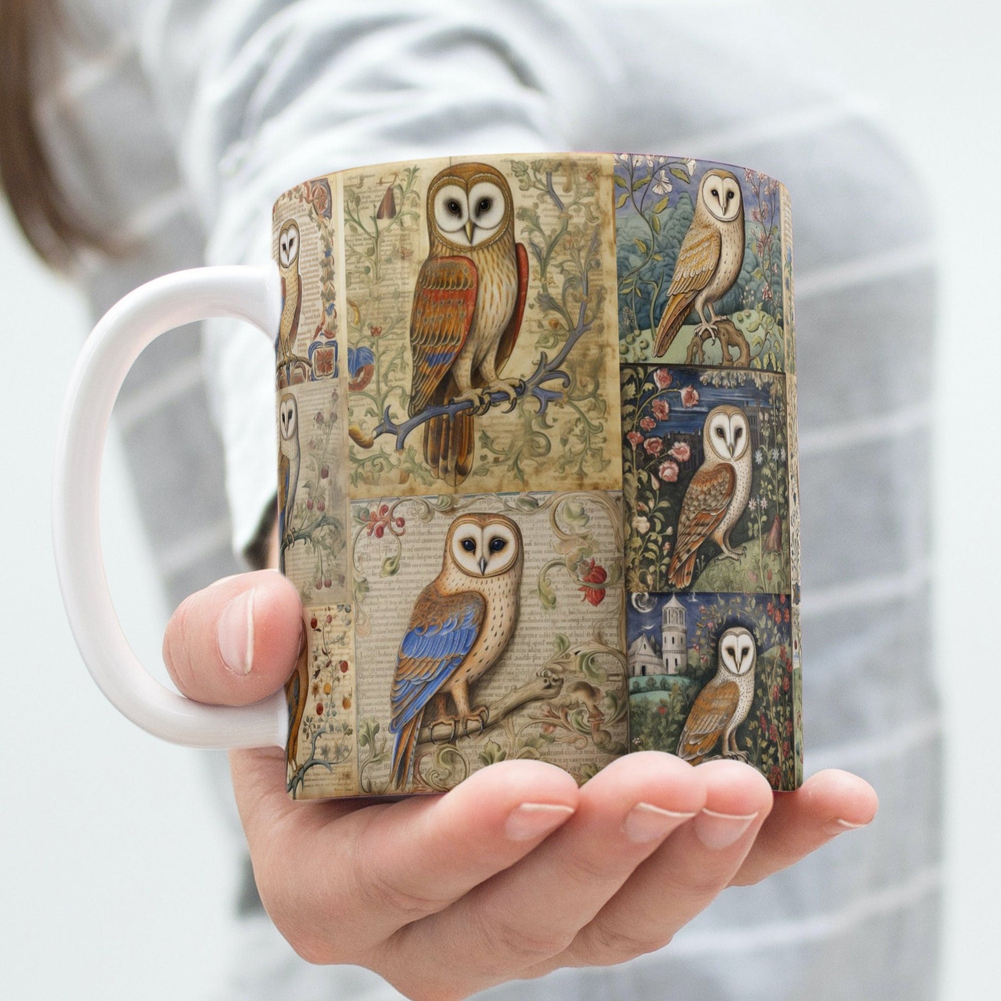 Medieval Owl Mug: Manuscript Art, Owl Lover Gift