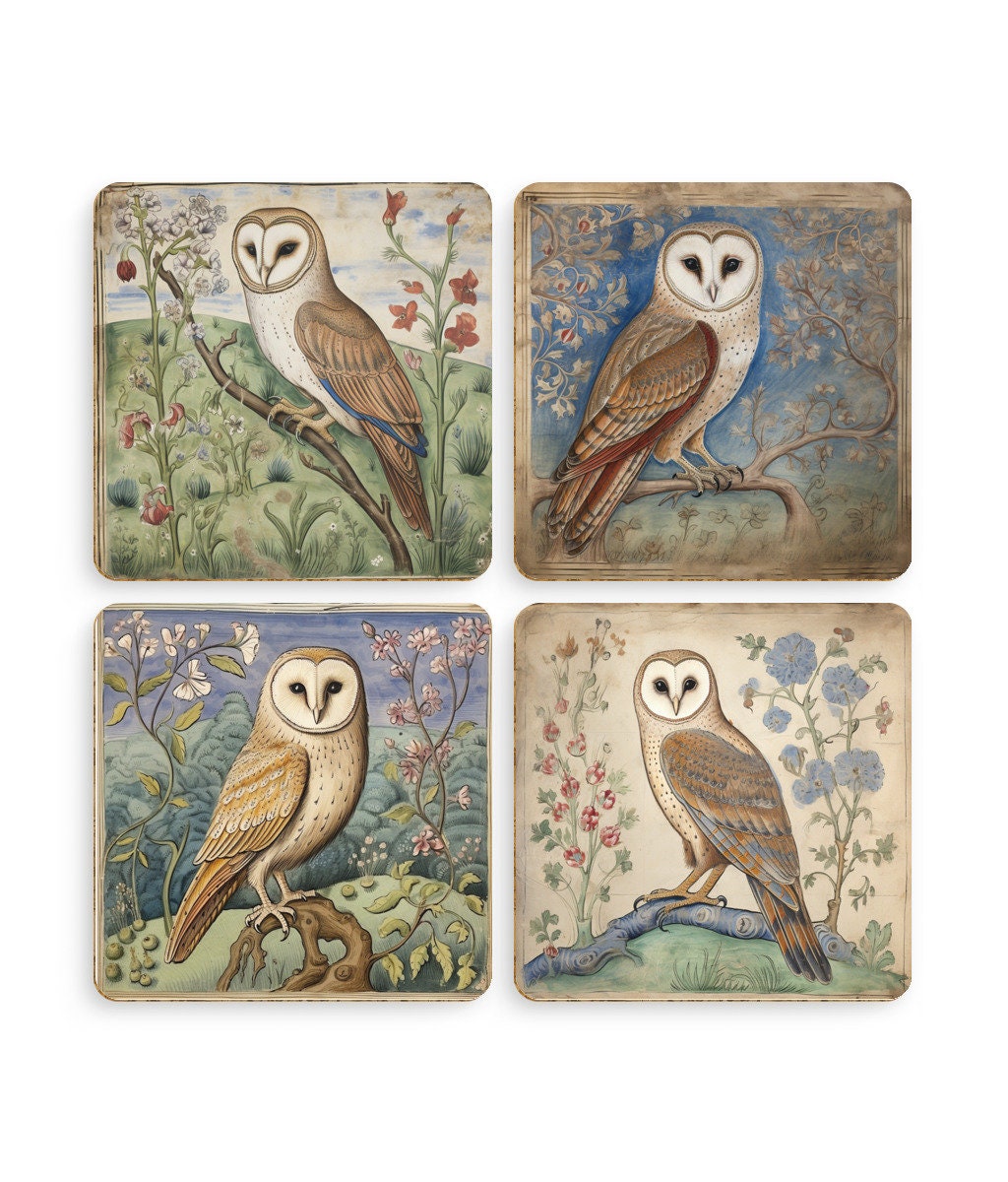 Medieval Owl Coasters: Manuscript Art, Set of 4 Cork Coasters