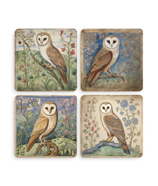 Medieval Owl Coasters: Manuscript Art, Set of 4 Cork Coasters
