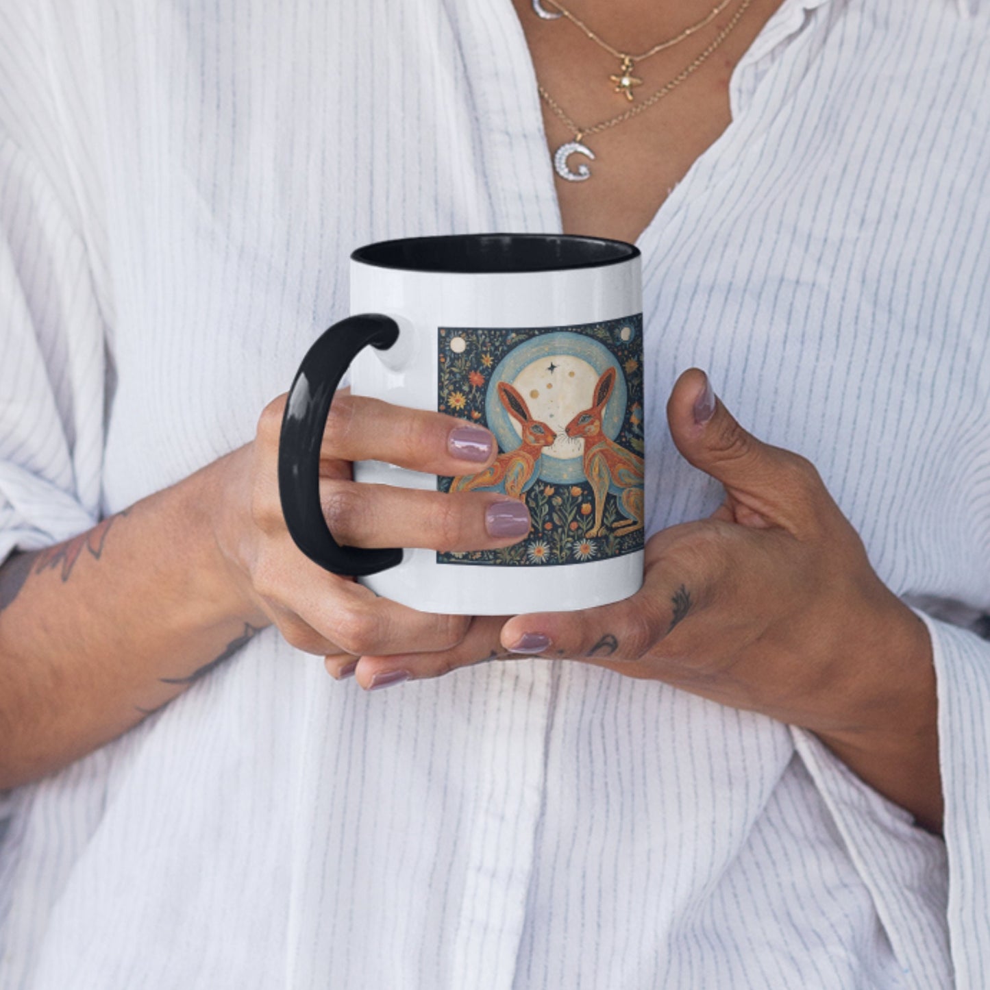 Christmas gift for hare lover, witch, pagan. Rabbit lover, moon gazing hare mug gift.