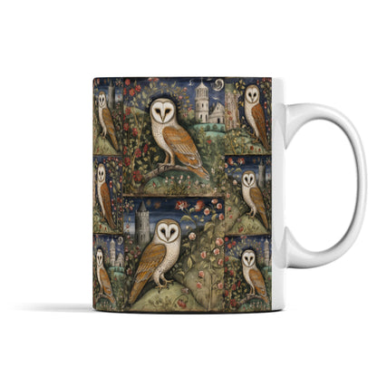 Borderless ceramic mug featuring a medieval-inspired artwork of barn owls surrounded by floral patterns and gothic landscapes
