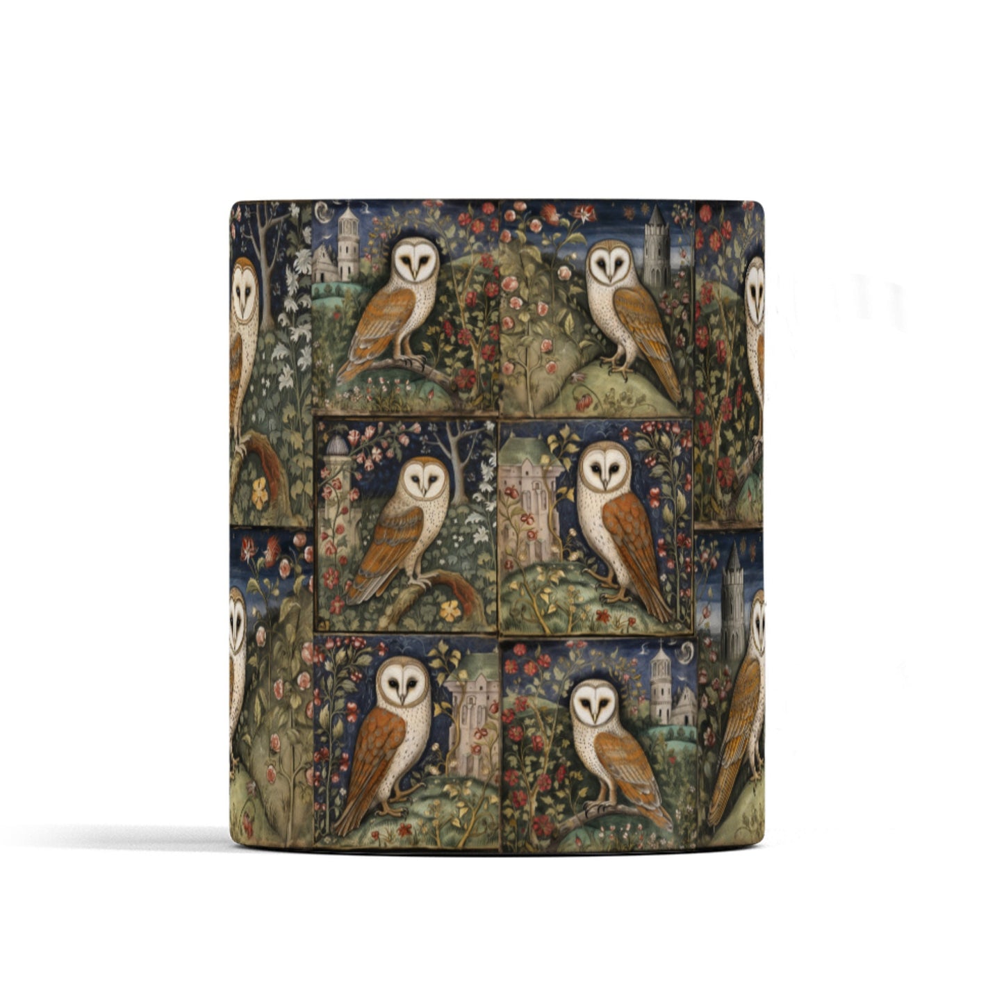 Nature-inspired ceramic mug with enchanting barn owls, vibrant floral accents, and a medieval countryside backdrop