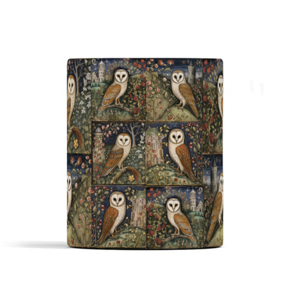 Nature-inspired ceramic mug with enchanting barn owls, vibrant floral accents, and a medieval countryside backdrop