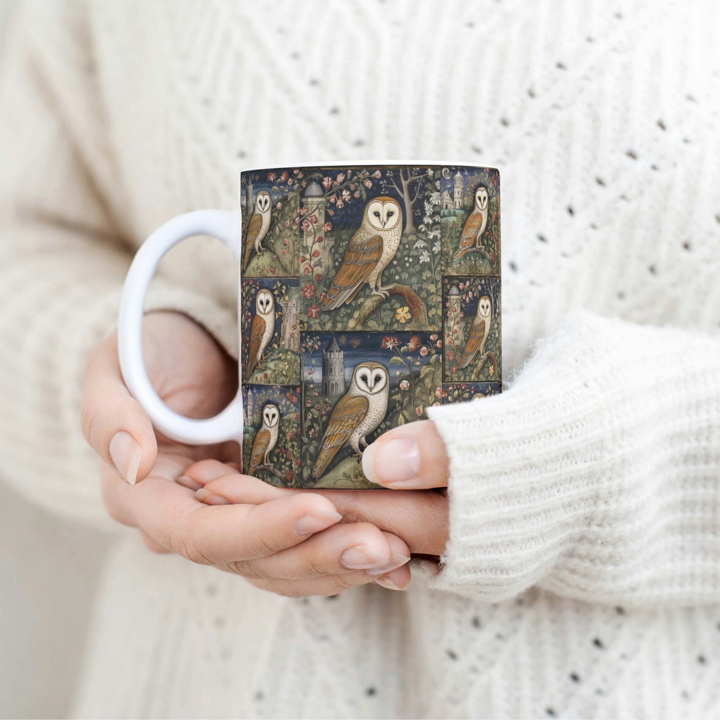Artistic borderless mug showcasing barn owls and a whimsical floral pattern with rich colors and medieval-style elements