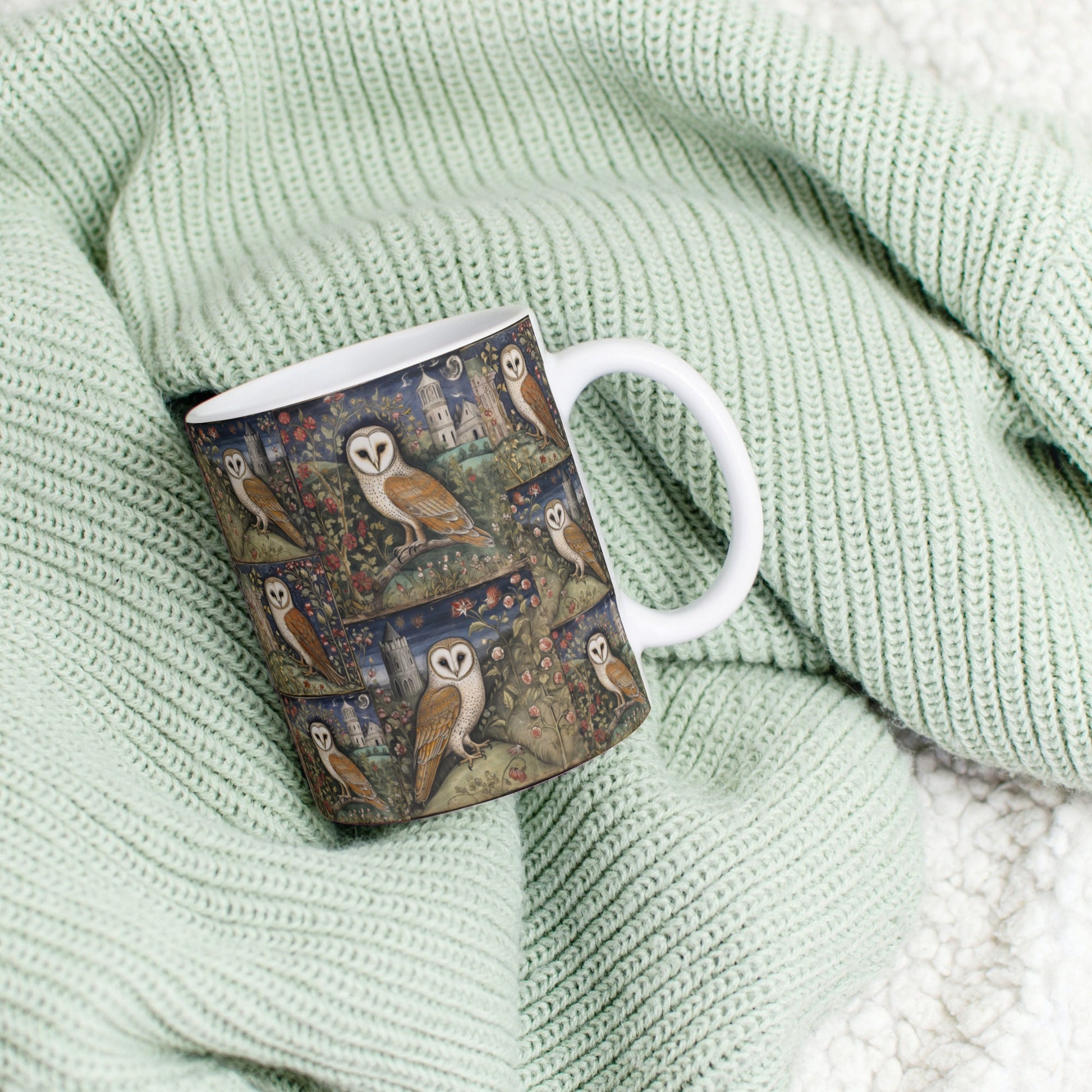Beautifully illustrated owl-themed ceramic mug with intricate details of flowers, barn owls, and rustic architecture