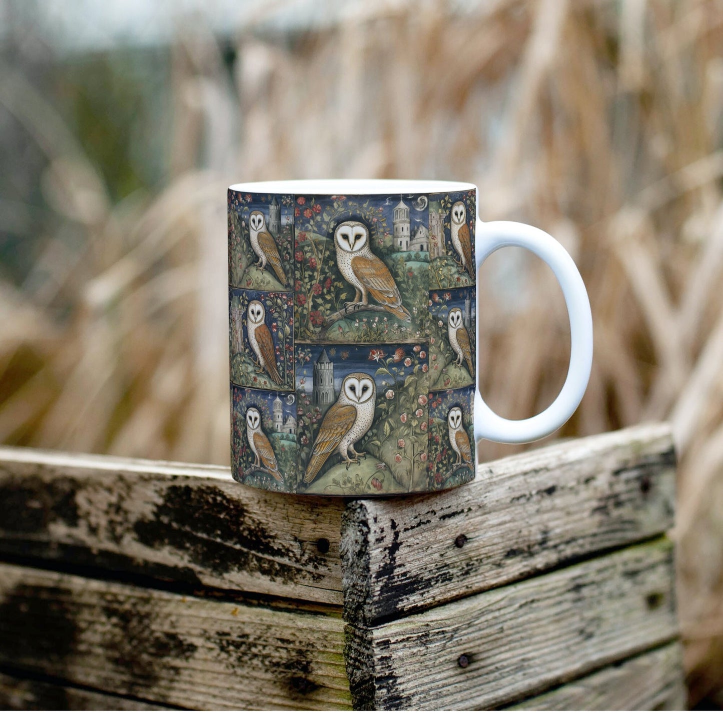 Ceramic mug featuring a seamless wraparound design of barn owls perched in a medieval-inspired floral landscape with gothic architecture in the background