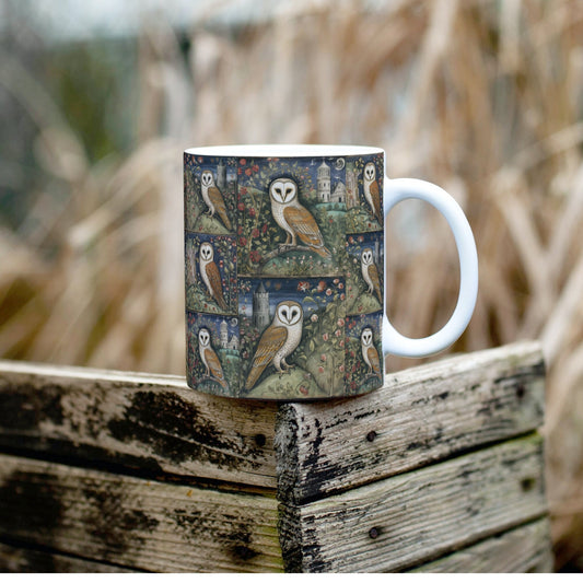 Ceramic mug featuring a seamless wraparound design of barn owls perched in a medieval-inspired floral landscape with gothic architecture in the background