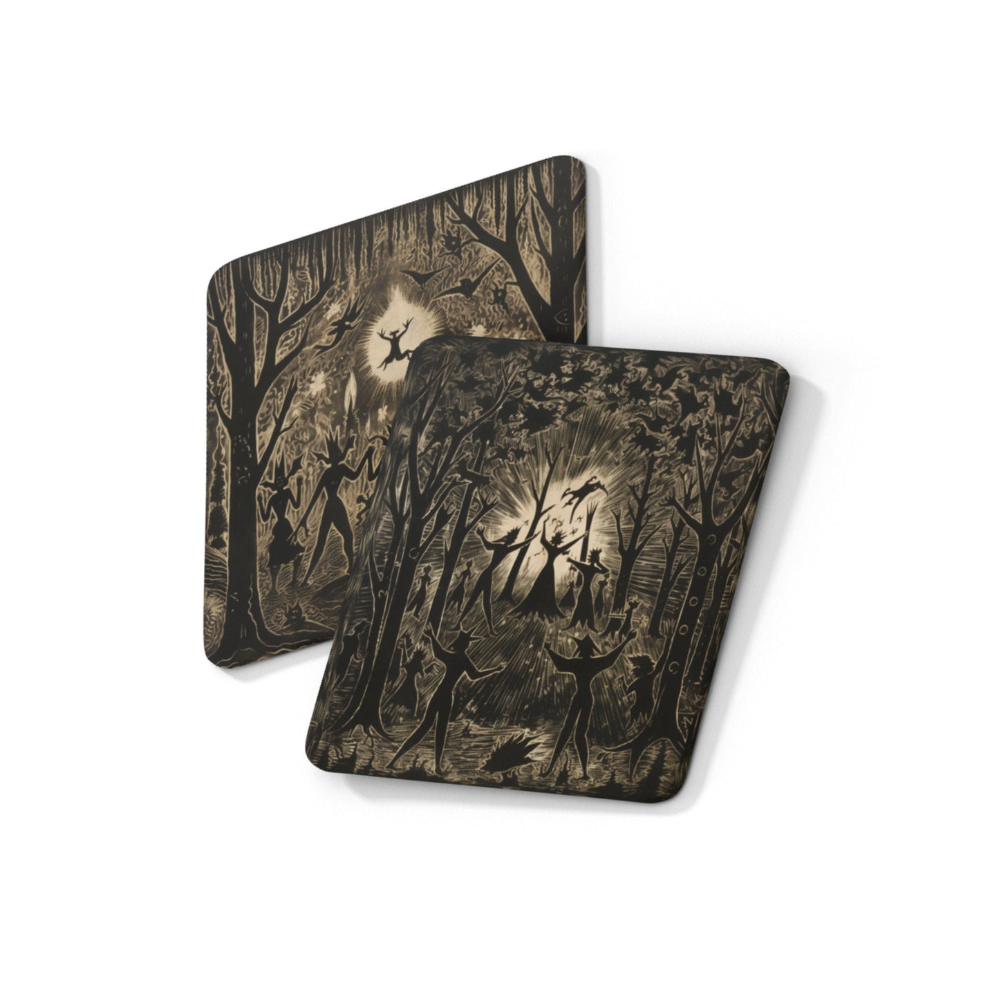 Coasters adorned with folk art images of witches in a woodland gathering