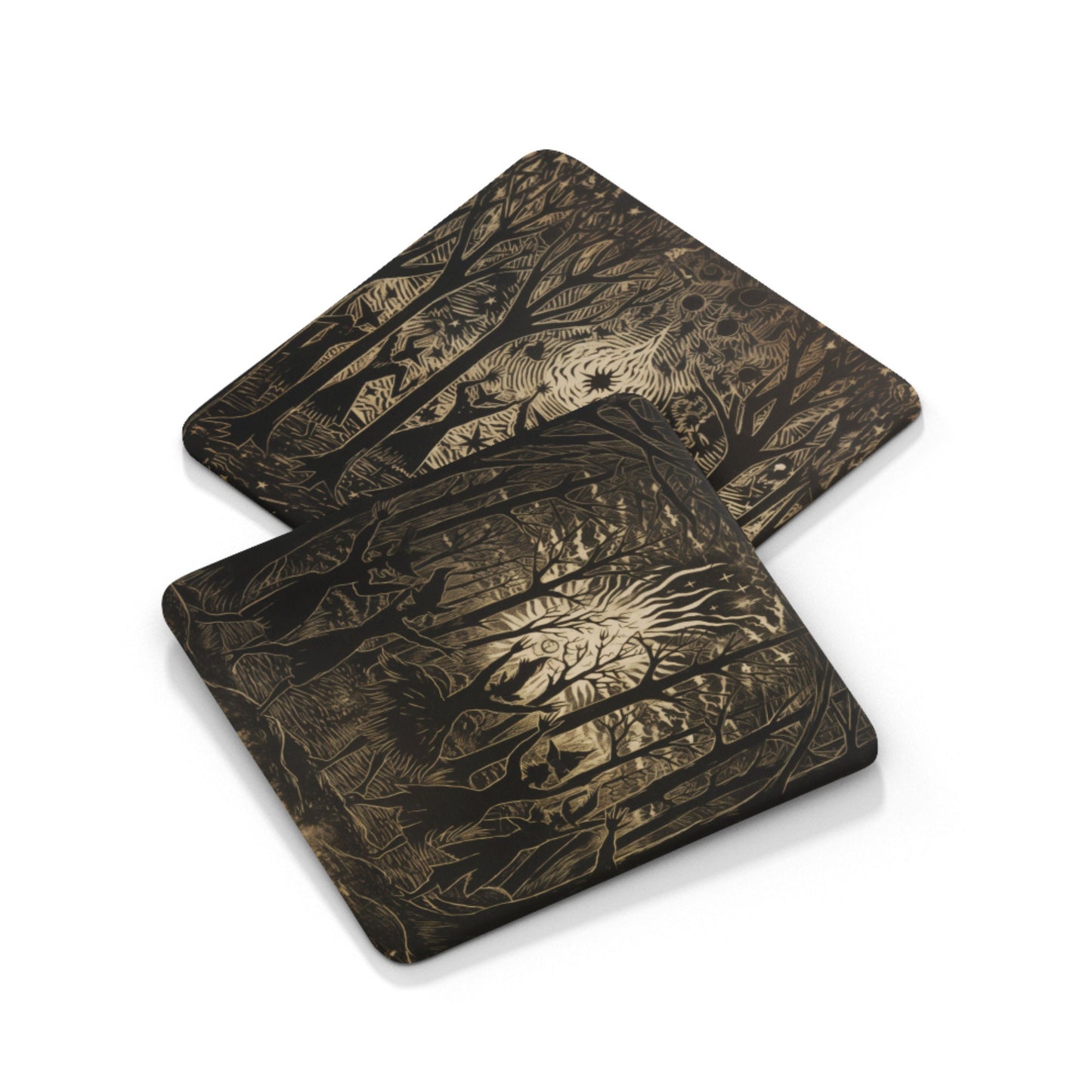 Monochrome coasters illustrating scenes of witches casting spells in a moonlit forest