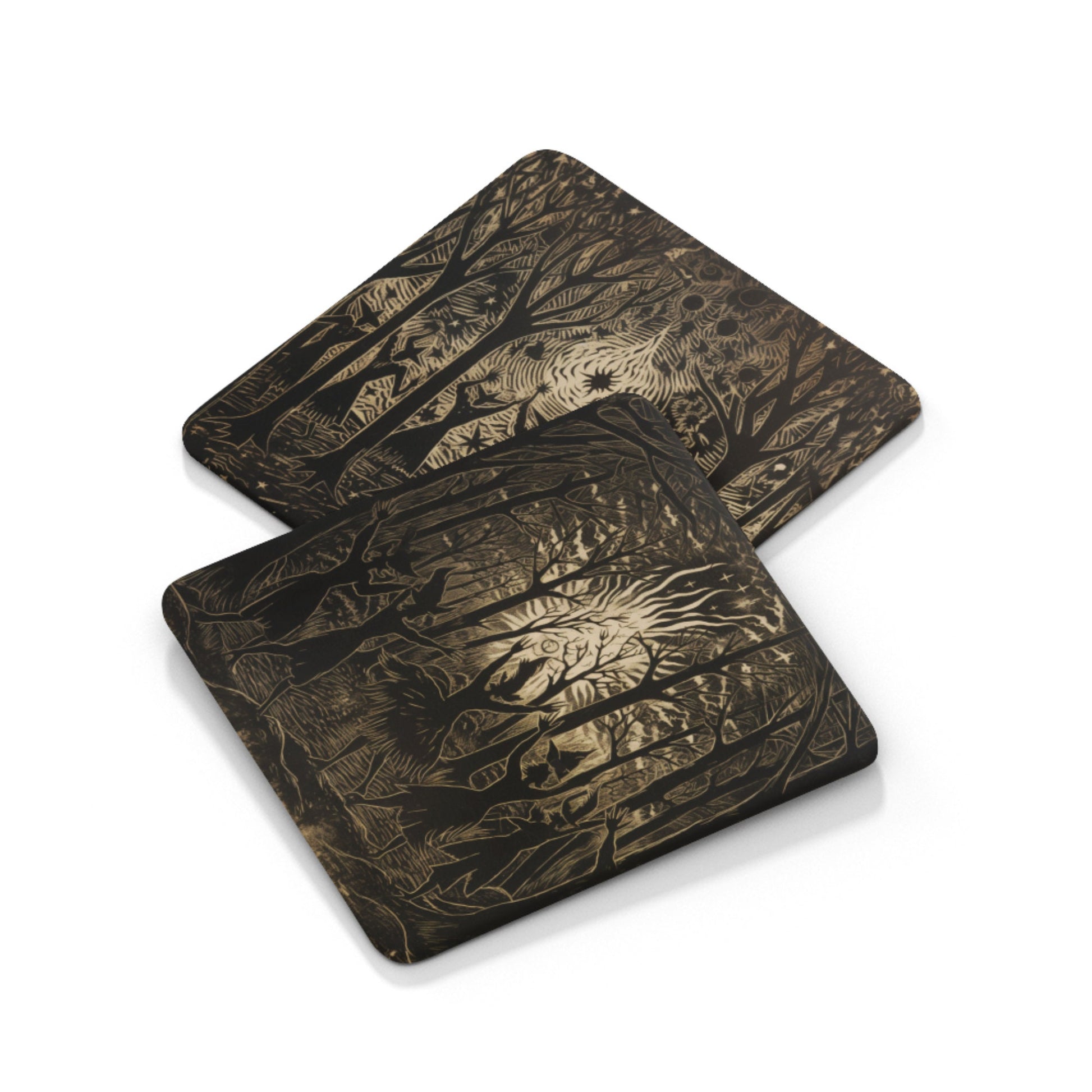 Monochrome coasters illustrating scenes of witches casting spells in a moonlit forest
