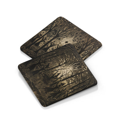 Monochrome coasters illustrating scenes of witches casting spells in a moonlit forest