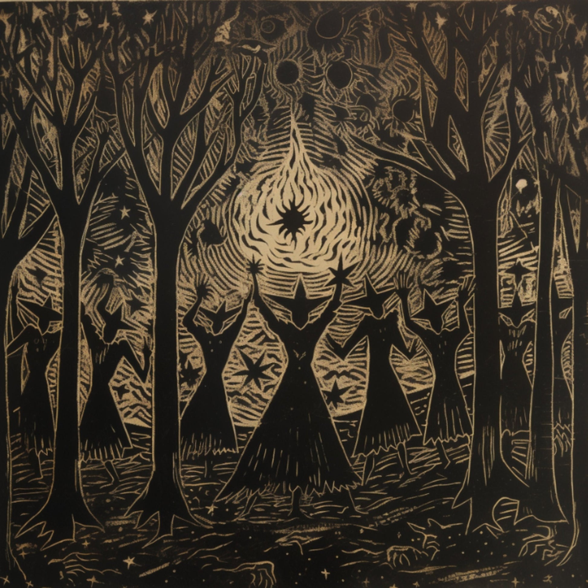 Coasters with naive art illustrations of witches performing rituals under moonlit trees