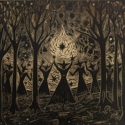 Coasters with naive art illustrations of witches performing rituals under moonlit trees