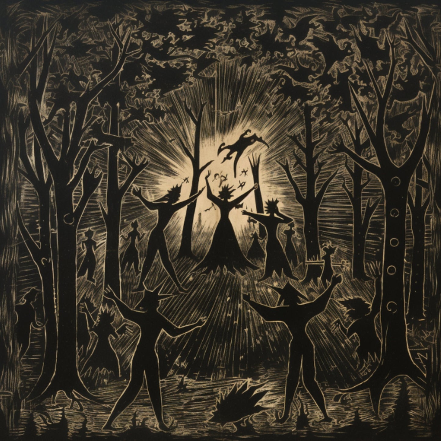 Rustic coasters showcasing dark, silhouette-style artwork of witches engaged in mystical rituals in the forest