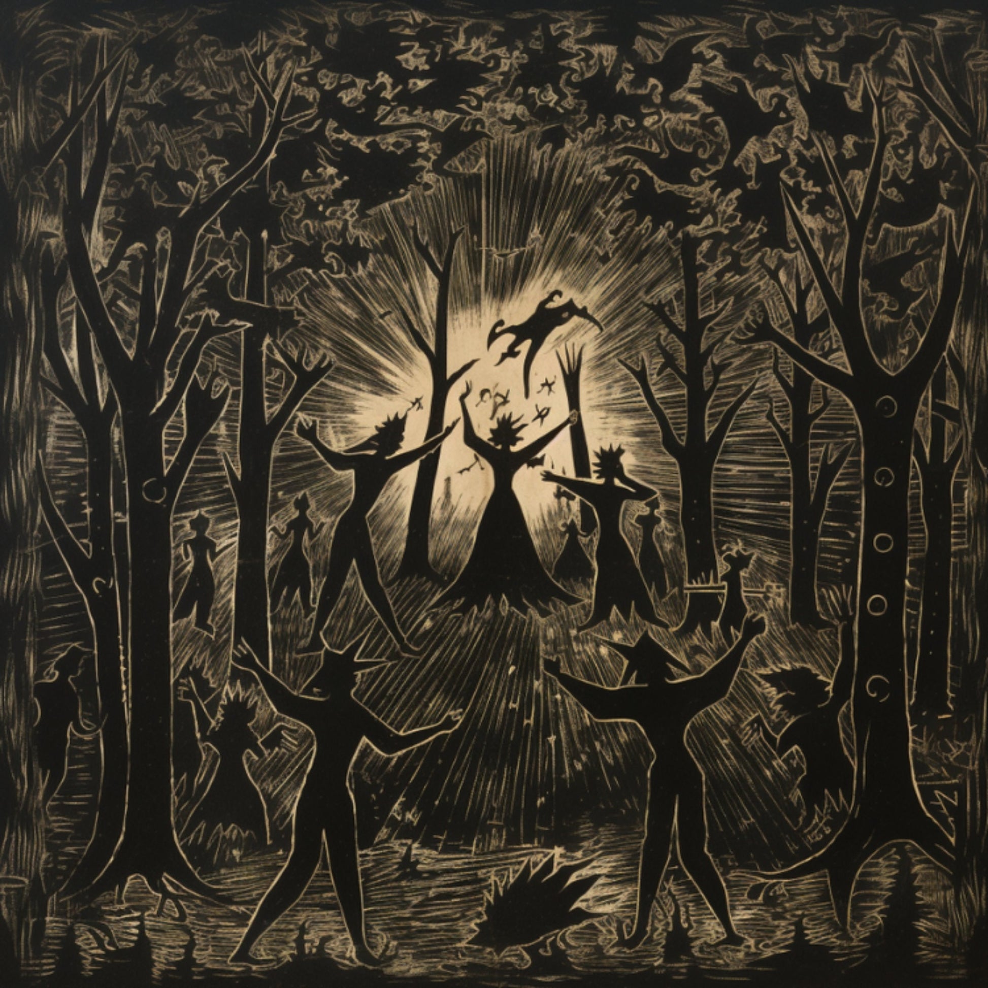 Rustic coasters showcasing dark, silhouette-style artwork of witches engaged in mystical rituals in the forest