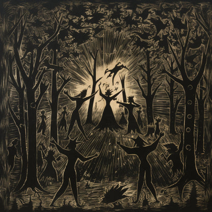 Rustic coasters showcasing dark, silhouette-style artwork of witches engaged in mystical rituals in the forest