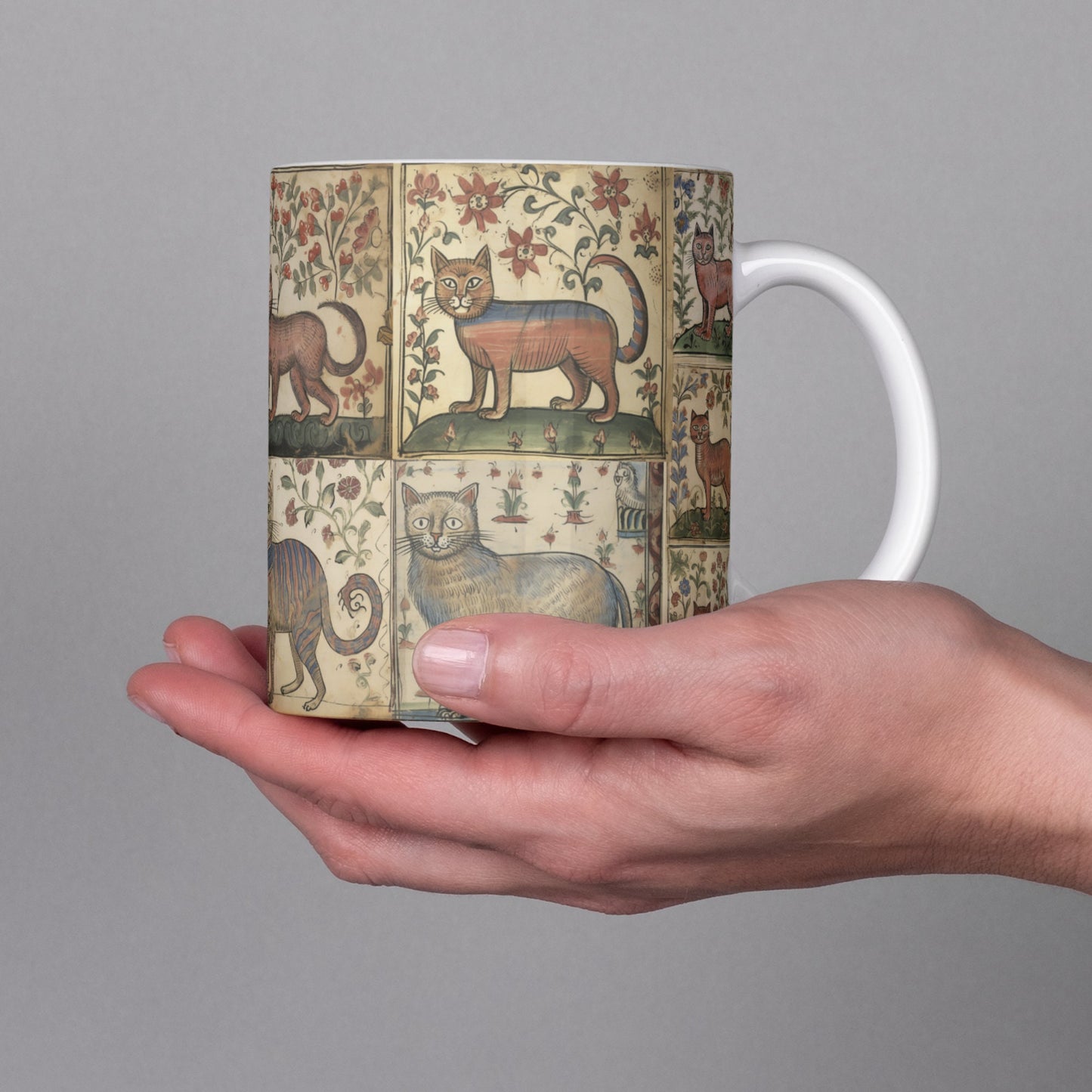 Artistic medieval cat mug, cat-themed Christmas present, cat lover coffee gift, historical manuscript art, whimsical medieval cats