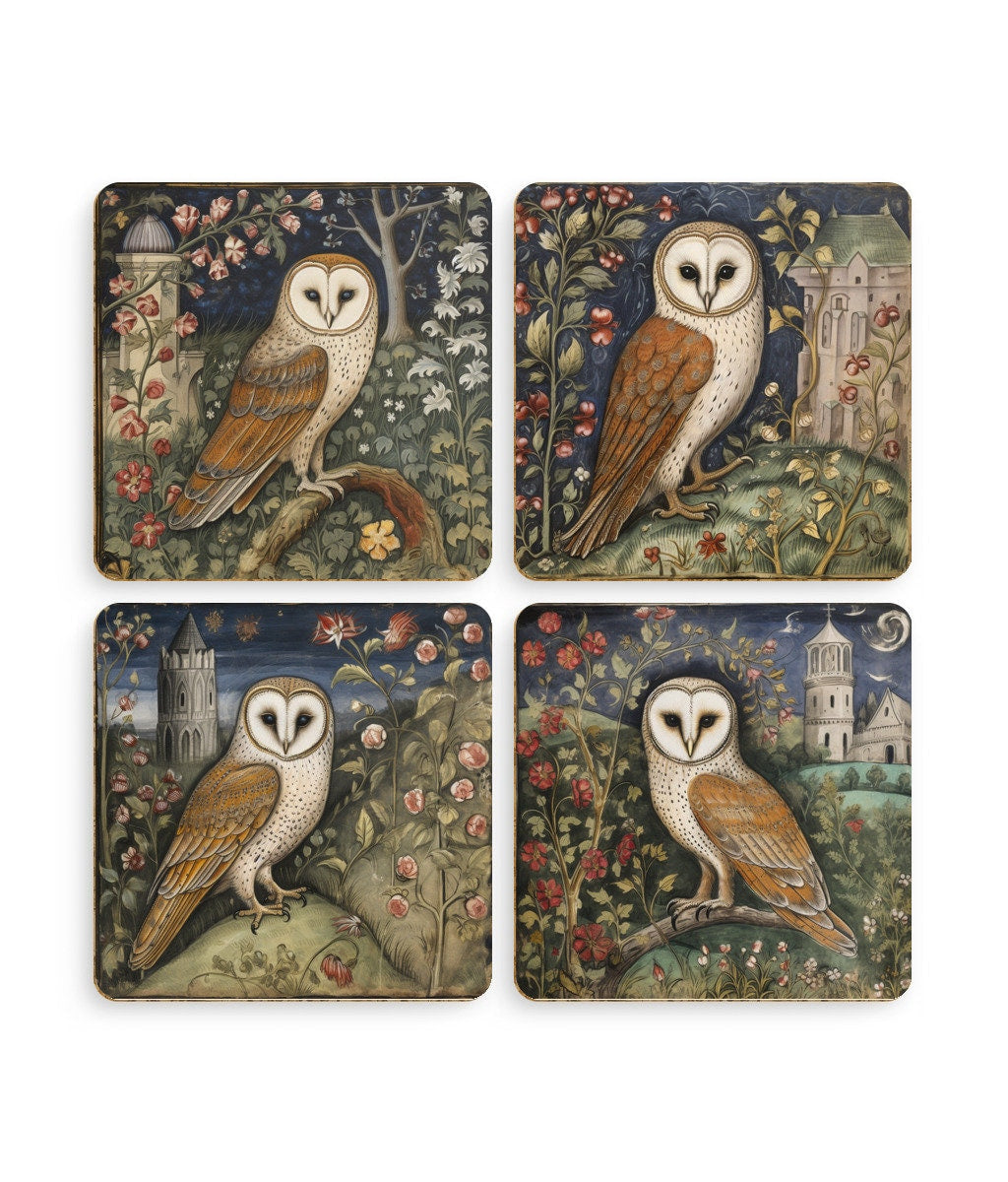 Gothic Barn Owl Coaster Set: Medieval Dark Academia Home Decor
