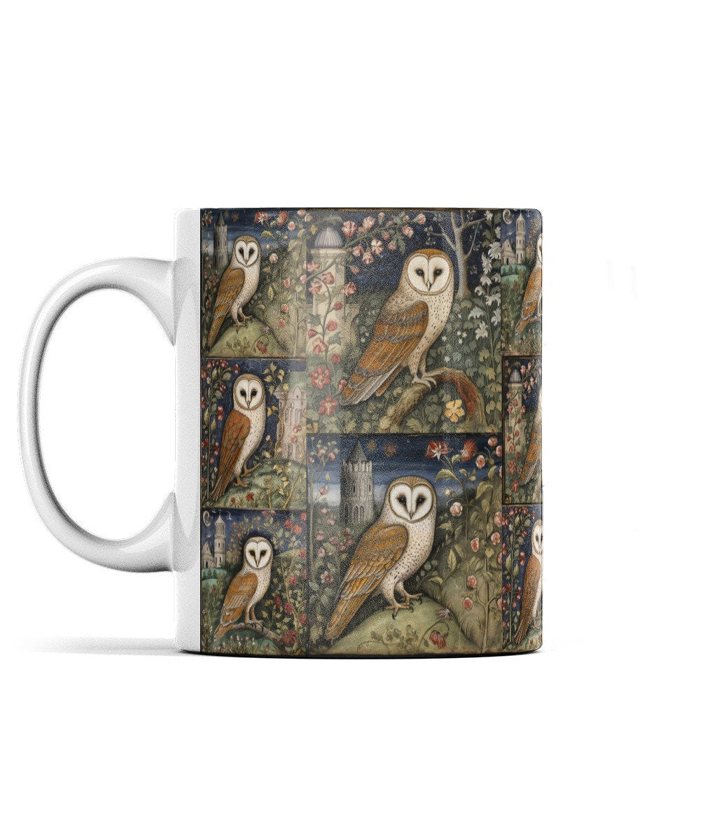 11oz ceramic mug with detailed illustrations of barn owls surrounded by blooming flowers and rustic countryside scenes