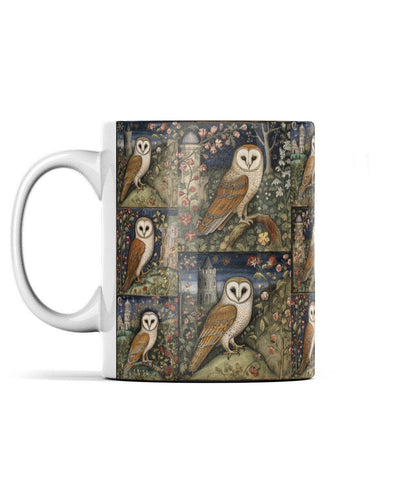11oz ceramic mug with detailed illustrations of barn owls surrounded by blooming flowers and rustic countryside scenes